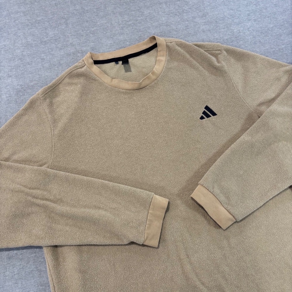 Adidas Mens Large Tan Fleece Crewneck Sweatshirt Long Sleeve Pullover Logo Tan